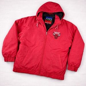 Chicago Bulls Puffer Jacket Mens XL Red Hooded 90s NBA Fans Gear